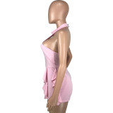 Solid Color Ruffles Buttons Halter Neck Backless Sexy Sleeveless Rompers