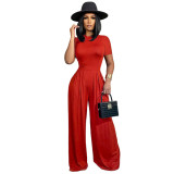 Solid Color Short Sleeve Romper + Wide Leg Pants Two Pieces
