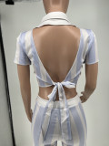 Summer Fashion Stripe Print Lace Up Sexy Backless Two set