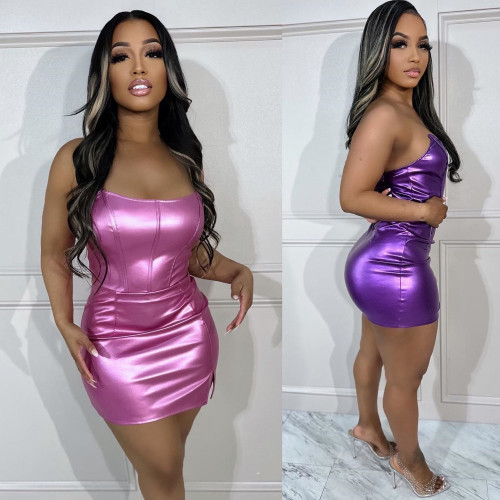 Solid Color Shiny Strapless Tube Sexy Mini Dress