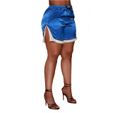 Solid Color Shiny Mesh Stitching Stretch Slit Track Shorts