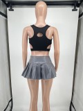 Solid Color Cute PU Leather Mini Pleated Skirt