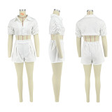 Casual Solid Color Piled Sleeves Crop Shirt Shorts Set