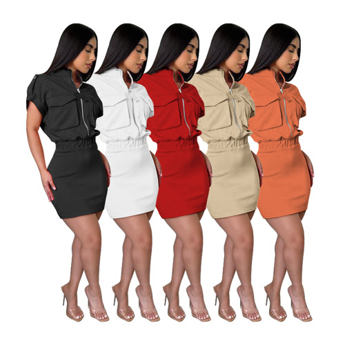 Tooling Styles Solid Color Stand Collar Zipper Short Sleeve Club Dress