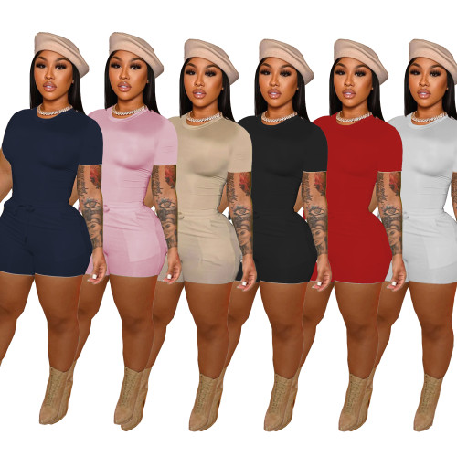 Summer Women Sports Two Piece Set Lace Up Bodycon Tracksuit 2 Pieces with Pocket