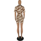 Casual Camouflage Short Sleeve Shirt Shorts Two-Piece Set