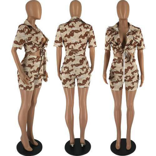 Casual Camouflage Short Sleeve Shirt Shorts Two-Piece Set