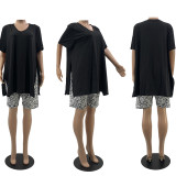 Plus Size Casual Slit T-shirt Leopard Shorts Two Pieces