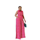 Casual Print Polka Dot Bandage Patchwork Buckle With Belt Turndown Collar Plus Size Jumpsuits