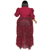 Plus Size Beaded Mesh Sexy See Through Puff Sleeve Long Dresses