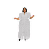 Plus Size Beaded Mesh Sexy See Through Puff Sleeve Long Dresses