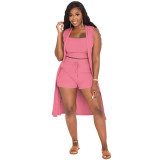 Plus Size Pit Just Chill Vest Top & Shorts 3-Piece Set with Long Sleeveless Coat