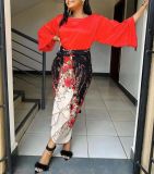Amazon Hot Seller Long Sleeve Bandage Printed Dress Set