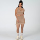High Elastic Cotton Pit V Neck Low-cut Drawstring Skirt Set