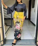 Amazon Hot Seller Long Sleeve Bandage Printed Dress Set