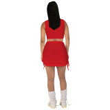 High Elastic Cotton Pit V Neck Low-cut Drawstring Skirt Set