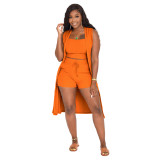 Plus Size Pit Just Chill Vest Top & Shorts 3-Piece Set with Long Sleeveless Coat