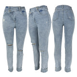 Stretch Ripped Diagonal Buckle Denim Jeans