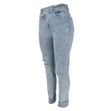 Stretch Ripped Diagonal Buckle Denim Jeans