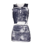 Fashion Denim Print Sleeveless Skirt Set