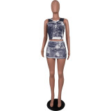 Fashion Denim Print Sleeveless Skirt Set