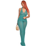 Solid Color Translucent Pit Halter Backless Flared Trousers Two Piece