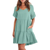 Summer Casual V Neck Three Layer Pleated Dresses