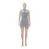 Fashion Sexy Plush Striped Sleeveless Shorts Zipper Rompers