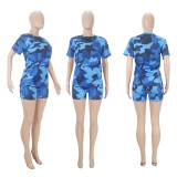 Casual Camouflage Pattern Printed Short Sleeve Shorts Set