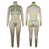 Solid Color High Elastic Mesh Sequins Bikini Swimsuit Three Pieces