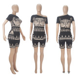 Casual Fashion Graphic Print Slit Hem Short Sleeve Shorts Set