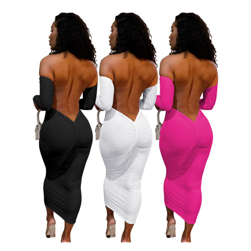 Solid Color Off The Shouder Backless Maxi Woman Dress