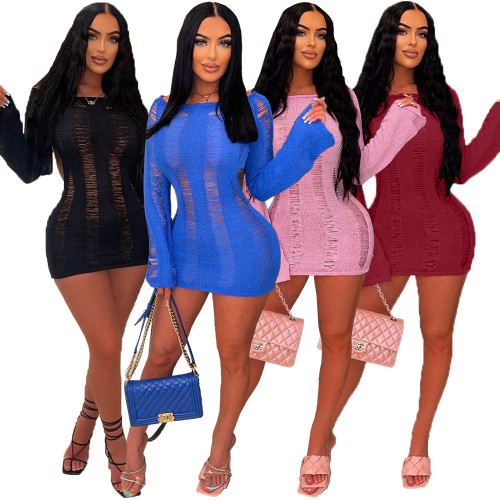 Sexy Hollow Long Sleeve Off Shoulder Backless Bodycon Dresses