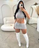 Fashion Hollow Knit Hooded Crop Top High Waist Mini Skirt Set