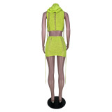 Fashion Hollow Knit Hooded Crop Top High Waist Mini Skirt Set