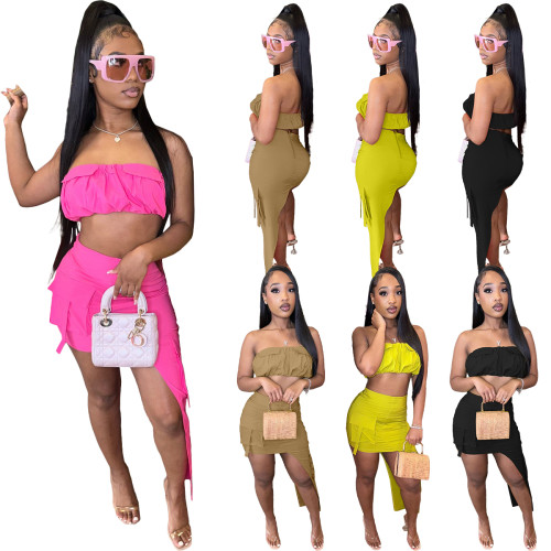 Sexy Solid Color Strapless Wrapped Crop Tops & Irregular Workwear Skirt Set