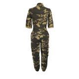 Fashion Camouflage Cardigan Zipper Woven Jumpsuits