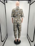 Fashion Camouflage Cardigan Zipper Woven Jumpsuits