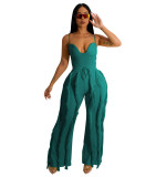 Solid Color Straps Sexy Rompers Lingerie and Fringed Straight-through Pants