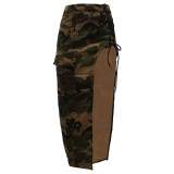Fashion Camouflage Slit Lace-up Skirt with Pocket