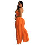 Solid Color Straps Sexy Rompers Lingerie and Fringed Straight-through Pants