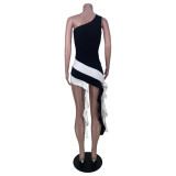 Casual Striped Tassel Single Shoulder Colorblock Sexy Dress