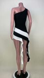 Casual Striped Tassel Single Shoulder Colorblock Sexy Dress