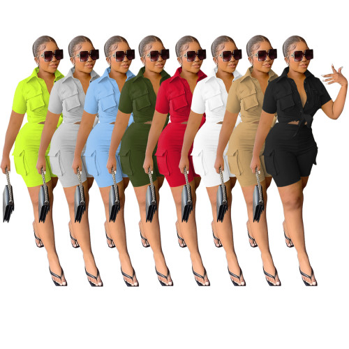 Urban Style Solid Color Short Sleeve Shirt Shorts Two Pieces