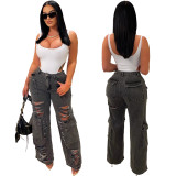 Casual Jeans Ripped Burnt Flared Denim Trousers with Cargo Pocket