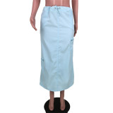 Solid Color Elastic Waist Loose Casual Skirt with Pocket