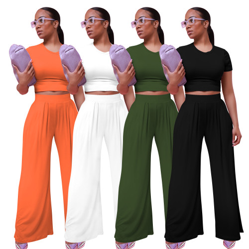 Solid Color Short Sleeve Crop Top & Wide-leg Trousers Women Clothing