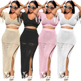 Casual Hollow Out Slit Crochet Knitted Tassel Two Piece Skirt Set