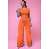 Solid Color Short Sleeve Crop Top & Wide-leg Trousers Women Clothing