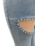 Casual Ripped Washed Beaded Slim Jeans